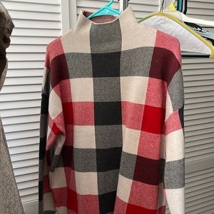 Plaid red/cream/black high neck business casual top